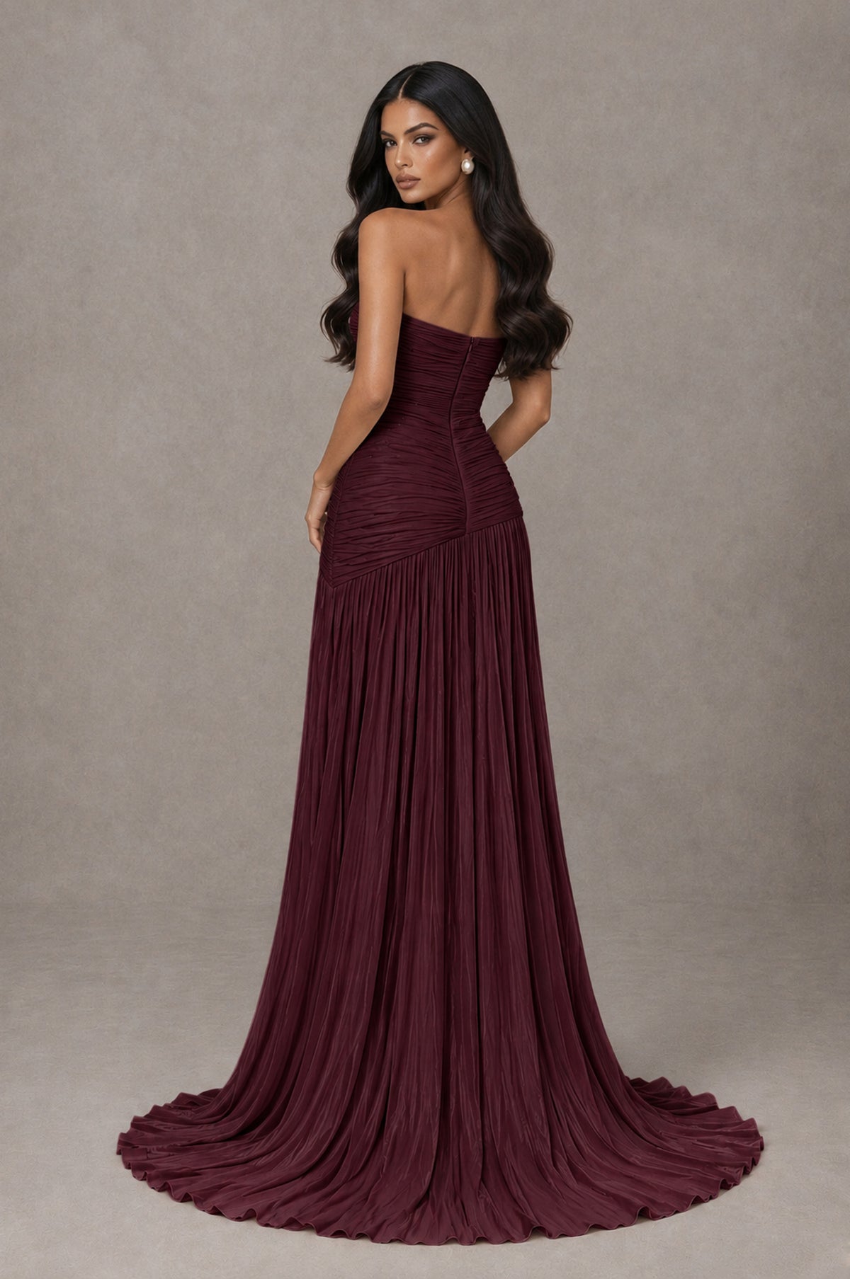 BOLODOO Maroon Metallic Ruched Strapless Pleated A-Line Backless Maxi Dress with Train - Maroon - Maroon_2