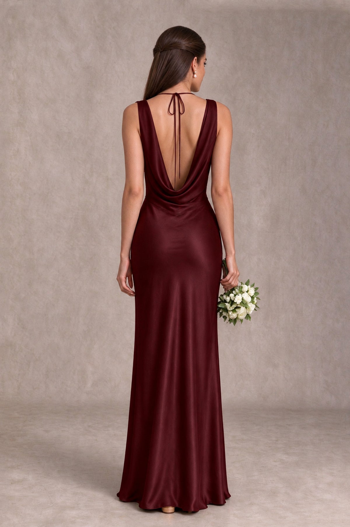 BOLODOO Maroon Cowl Neck Open Back Satin Bridesmaid Dress - Maroon - Maroon_2
