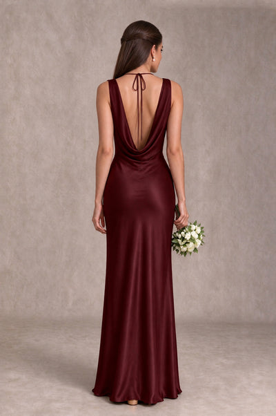 BOLODOO Maroon Cowl Neck Open Back Satin Bridesmaid Dress - Maroon - Maroon_2