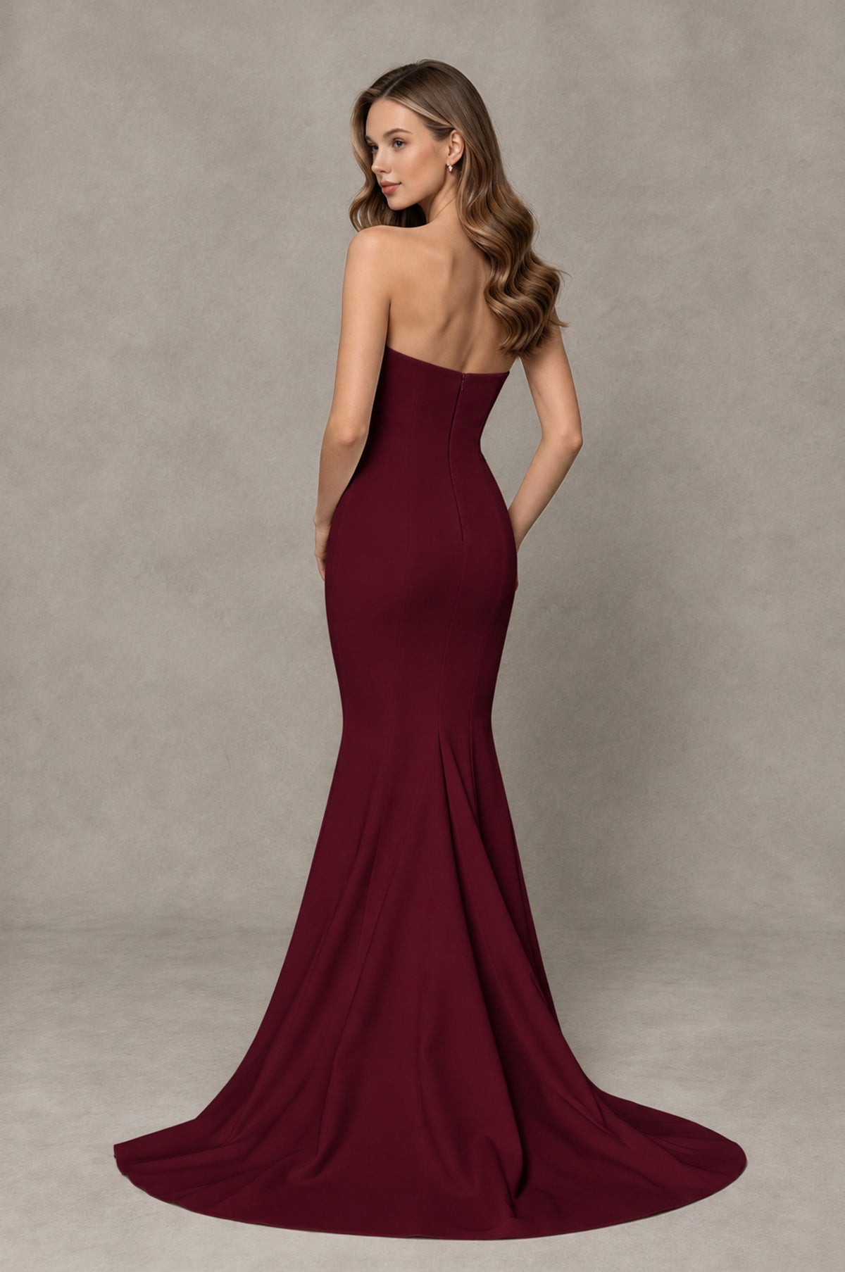 BOLODOO Maroon Strapless Mermaid Evening Dress with Ruffle Slit and Train - Maroon - Maroon_2
