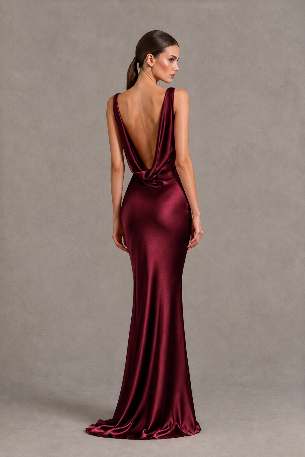 BOLODOO Maroon Cowl Neck Backless Satin Mermaid Evening Dress - Maroon - Maroon_2