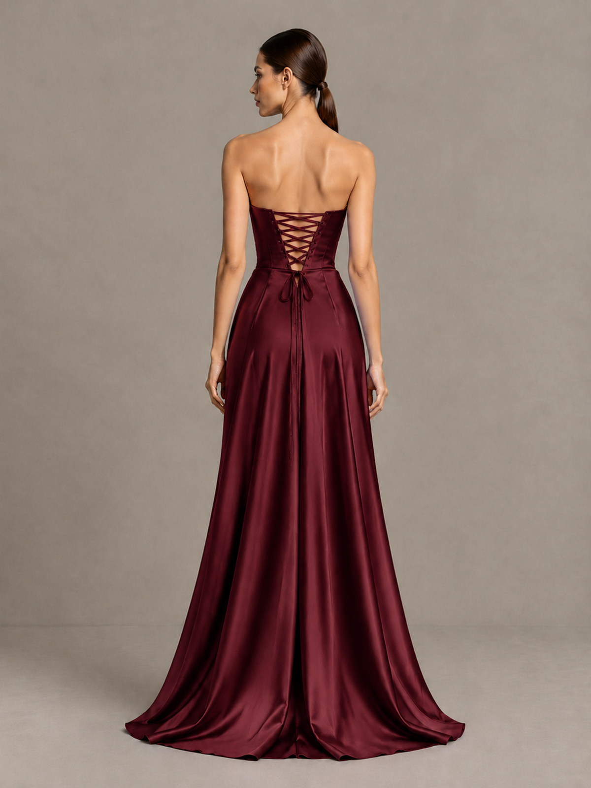 BOLODOO Maroon Strapless Satin High-Slit Lace-Up Prom Dress - Maroon - Maroon_2