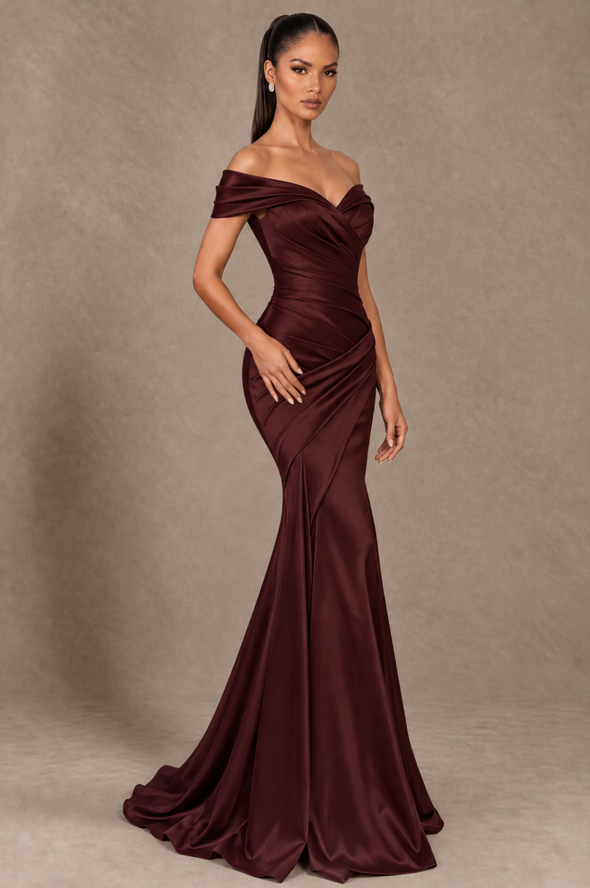 BOLODOO Maroon Off-the-Shoulder Ruched Satin Mermaid Evening Dress - Maroon - Maroon_2