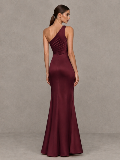 BOLODOO Maroon One-Shoulder Ruched Satin-Look Evening Gown with High Slit - Maroon - Maroon_2