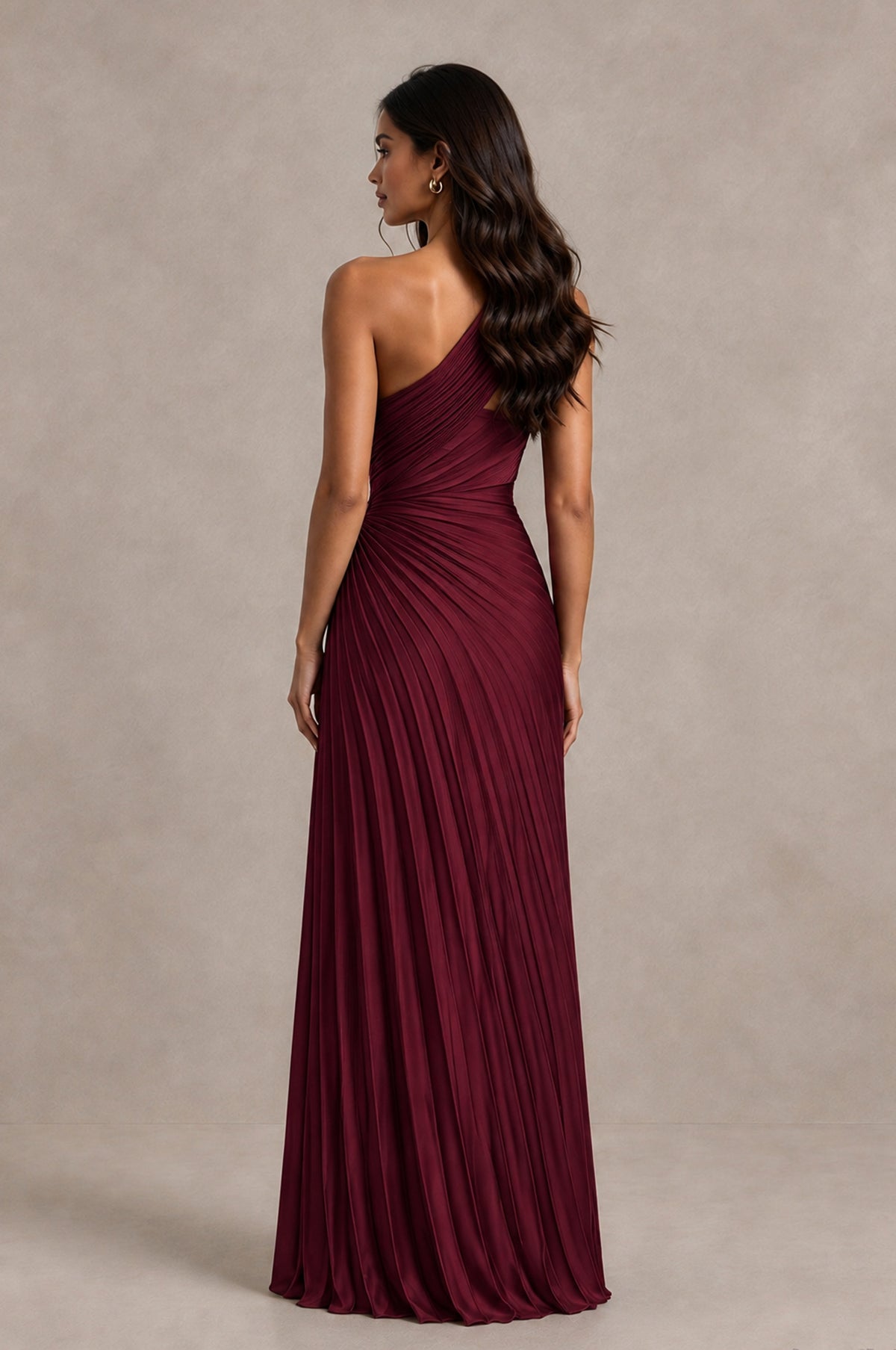 BOLODOO Maroon One Shoulder Pleated Evening Dress with Ruched Waist and High Slit - Maroon - Maroon_2