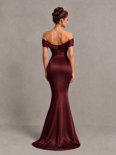 BOLODOO Maroon Off-Shoulder Satin Mermaid Prom Dress - Maroon - Maroon_2