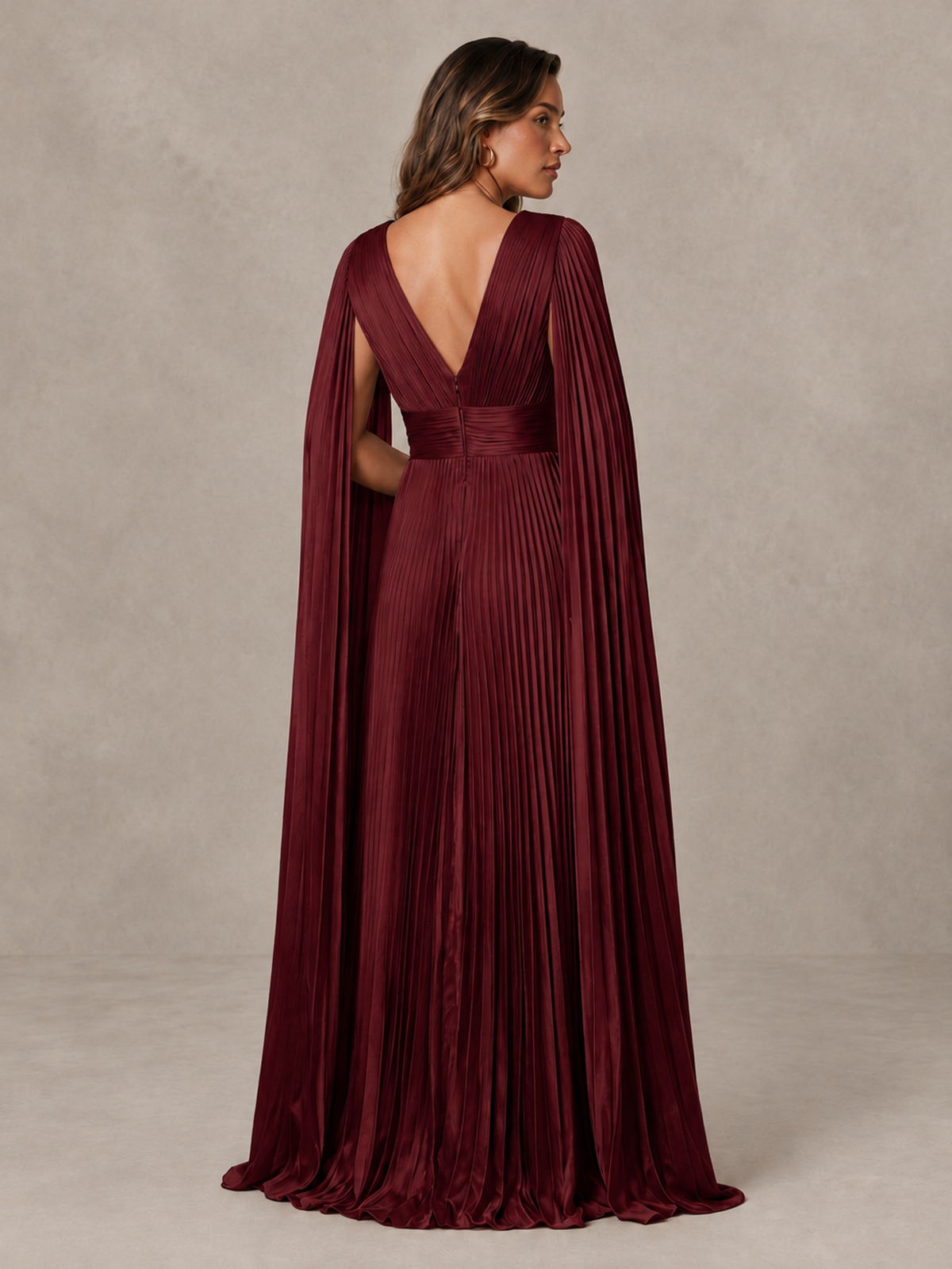 BOLODOO Maroon Deep V-Neck Pleated Cape Sleeve Evening Gown - Maroon - Maroon_2