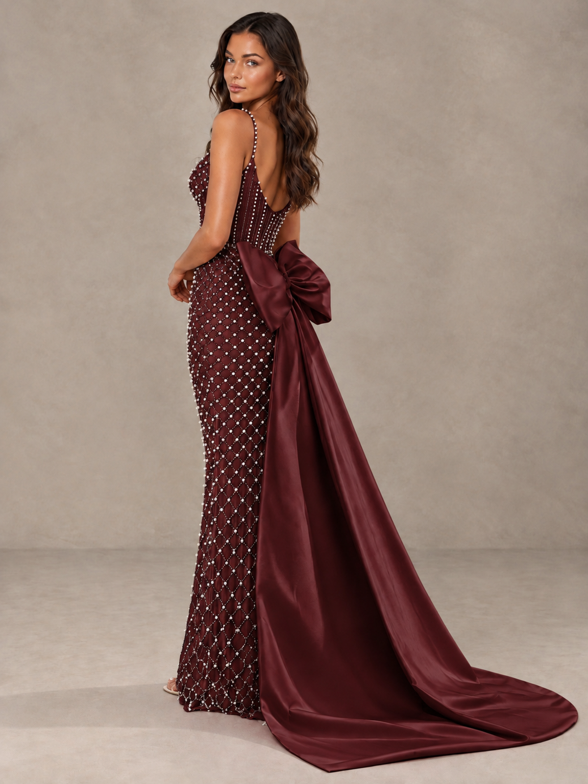 BOLODOO Maroon Beaded Corset Prom Dress with Bow Train - Maroon - Maroon_2