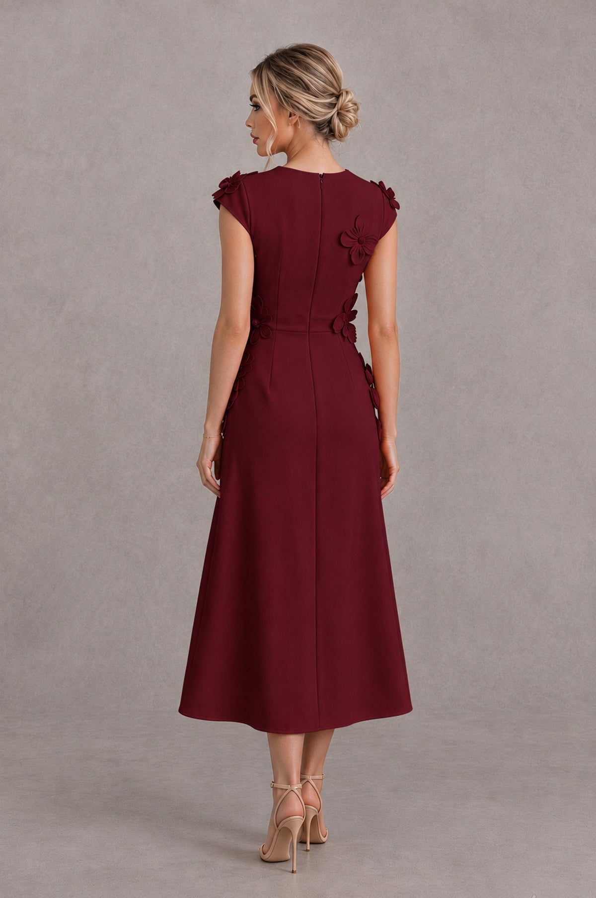 BOLODOO Maroon 3D Floral Cap Sleeve Midi Cocktail Dress - Maroon - Maroon_2