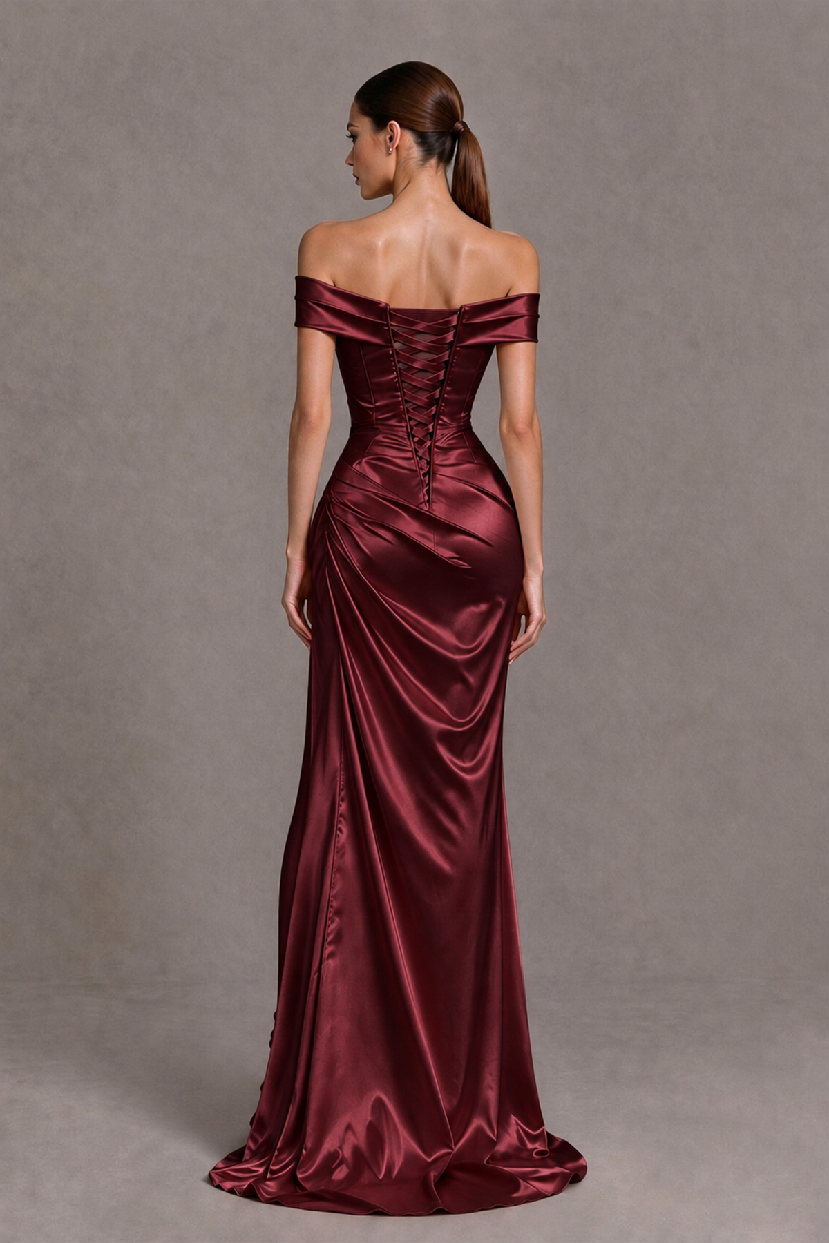 BOLODOO Maroon Off-the-Shoulder Ruched Satin Prom & Evening Dress with High Slit - Maroon - Maroon_2