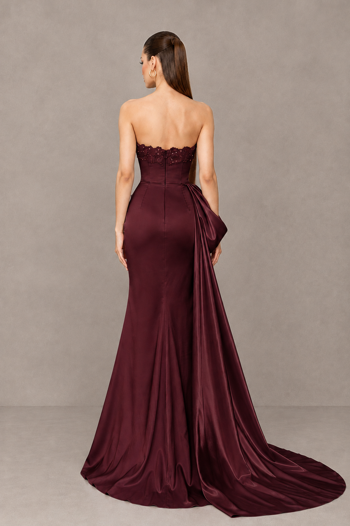 BOLODOO Maroon Strapless Satin Prom Dress with Draped Side Train - Maroon - Maroon_2