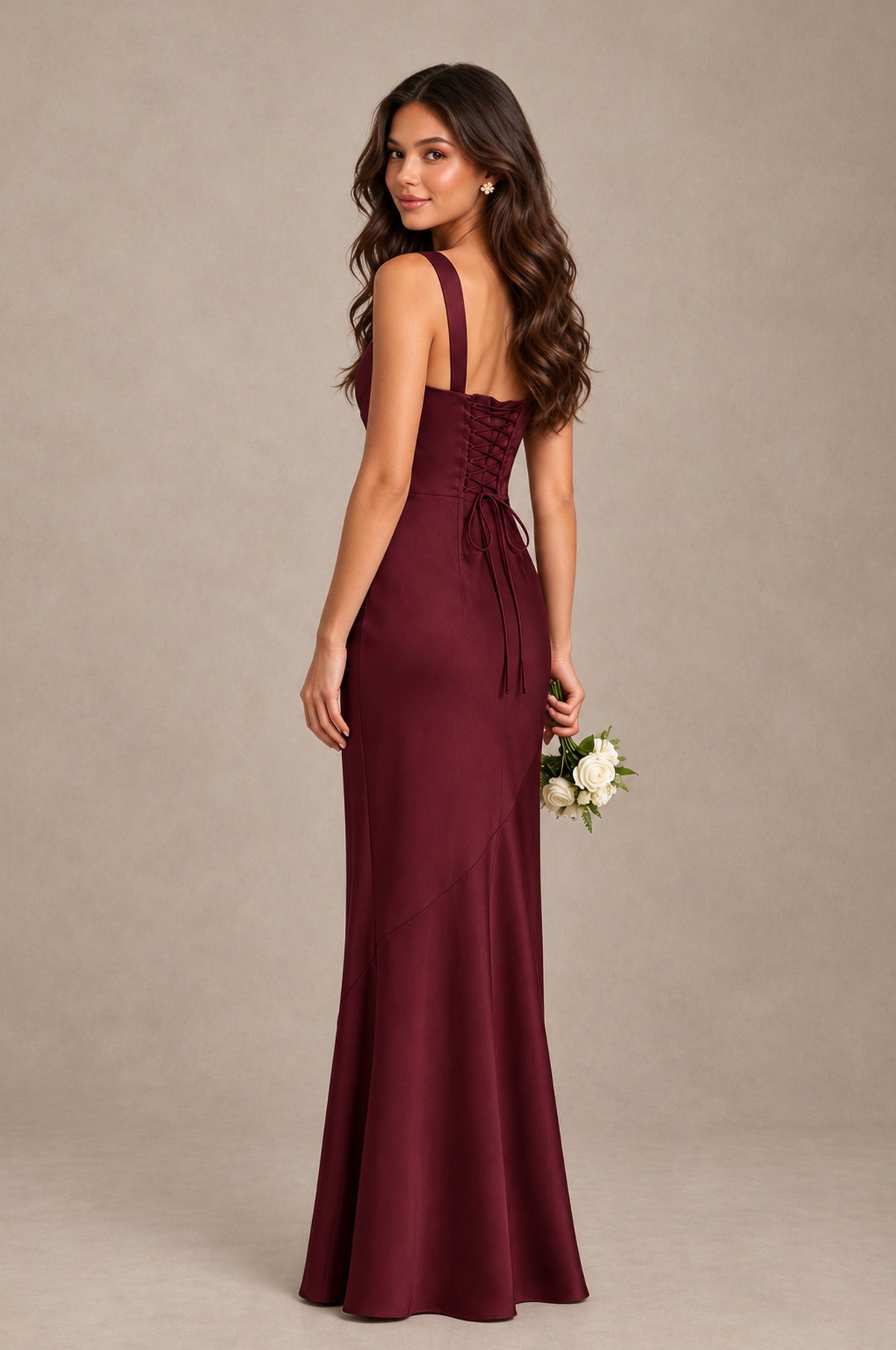 BOLODOO Maroon Square Neck Ruched Satin Lace-Up Bridesmaid Dress - Maroon - Maroon_2