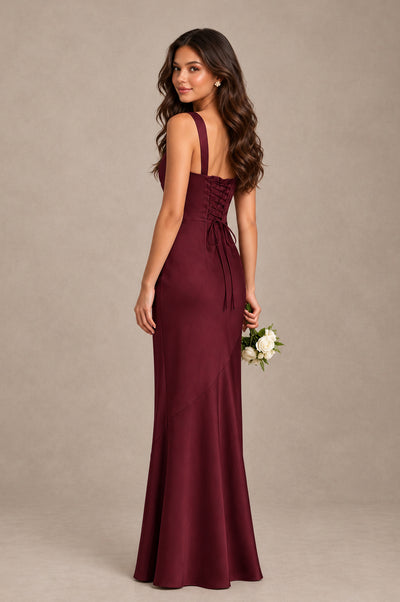 BOLODOO Maroon Square Neck Ruched Satin Lace-Up Bridesmaid Dress - Maroon - Maroon_2