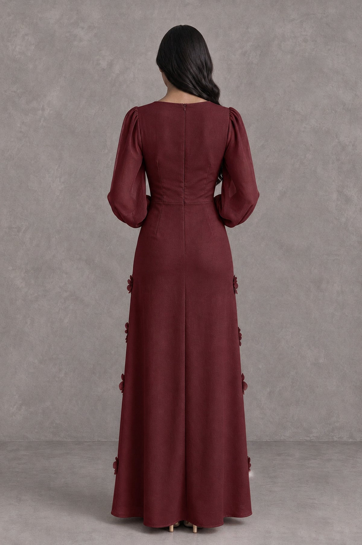 BOLODOO Maroon Long Sleeve Floral Applique A-Line Evening Dress - Maroon - Maroon_2