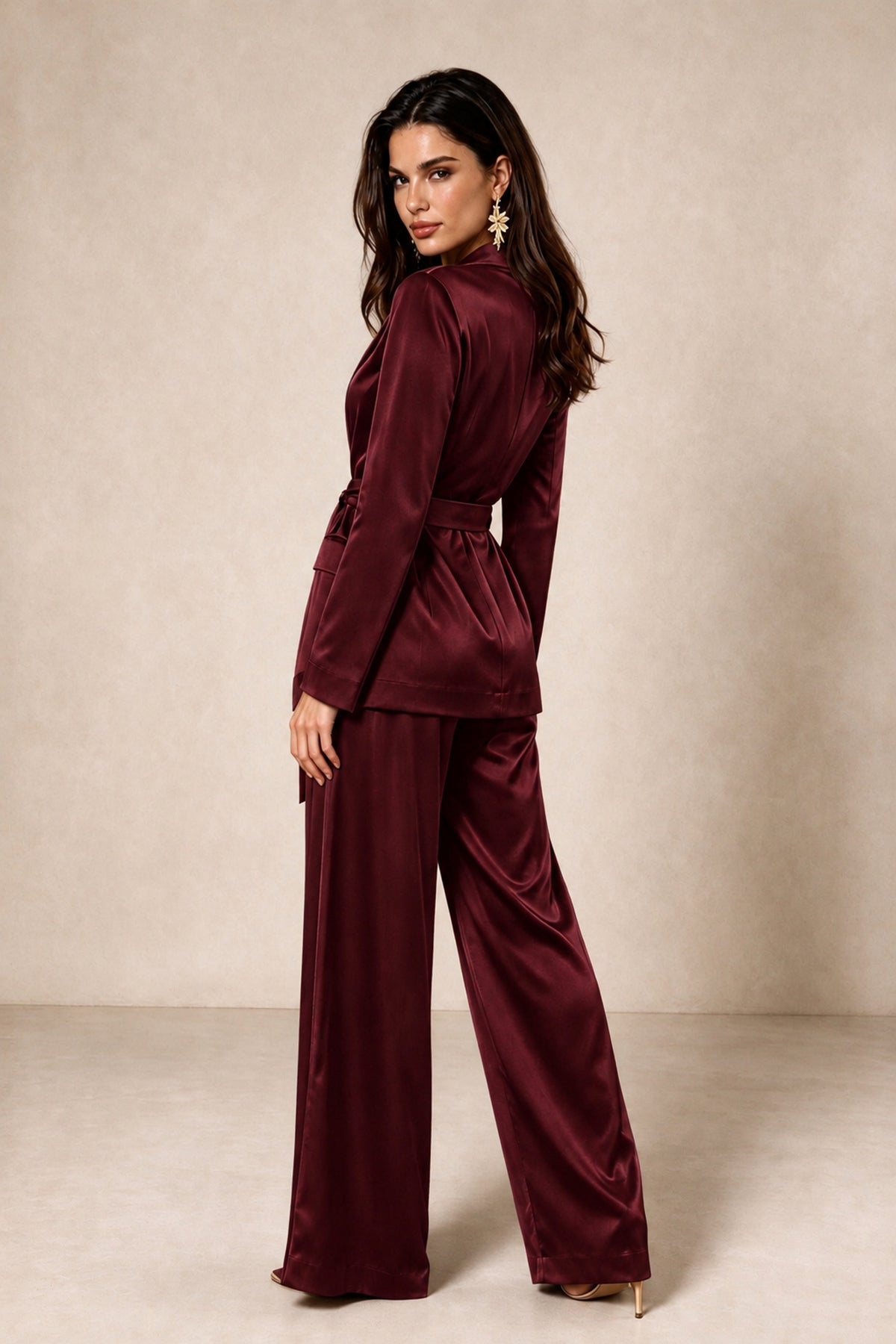 BOLODOO Maroon Satin Wrap Blazer Wide-Leg Pants Two-Piece Suit Set – Evening Gala Wedding Guest - Maroon - Maroon_2