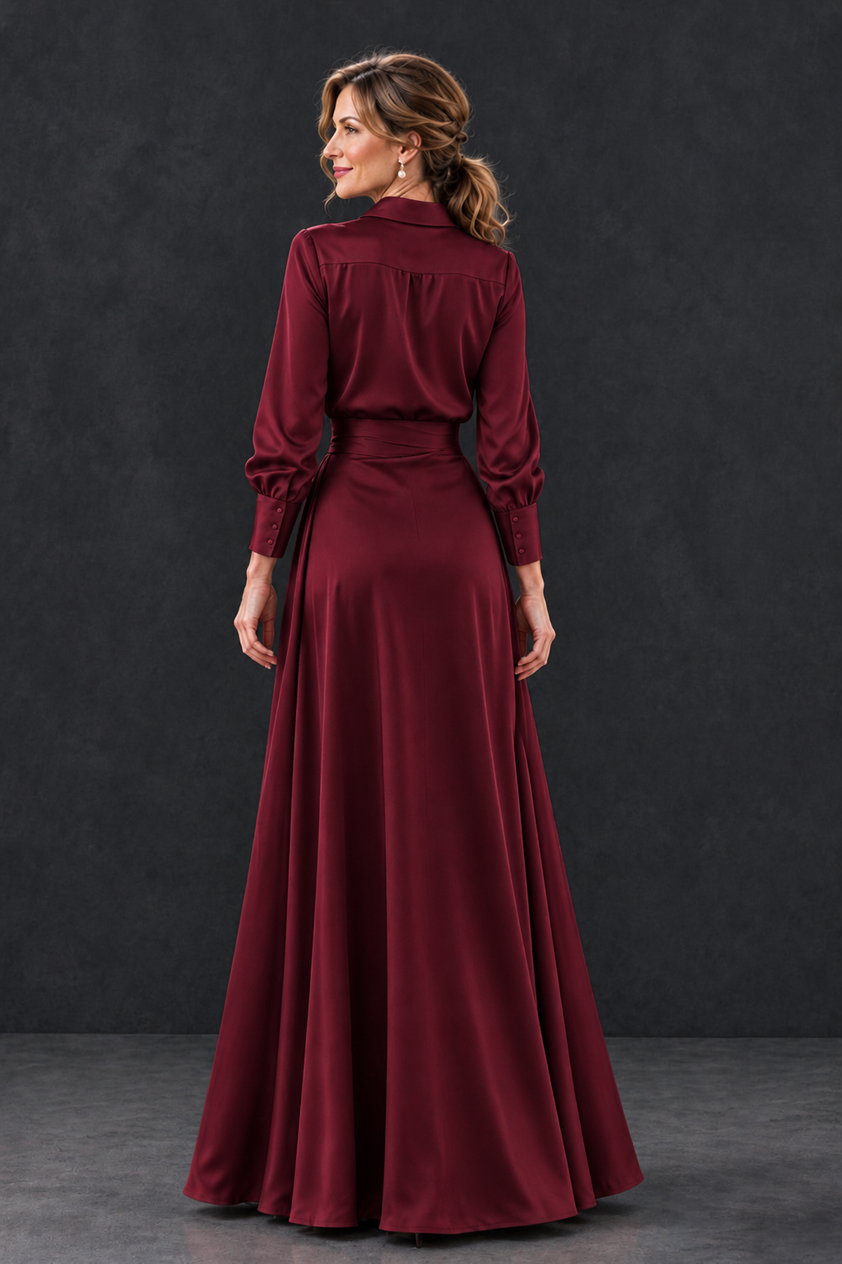 BOLODOO Maroon Long Sleeve Satin-Look Lace Panel Gown - Maroon - Maroon_2