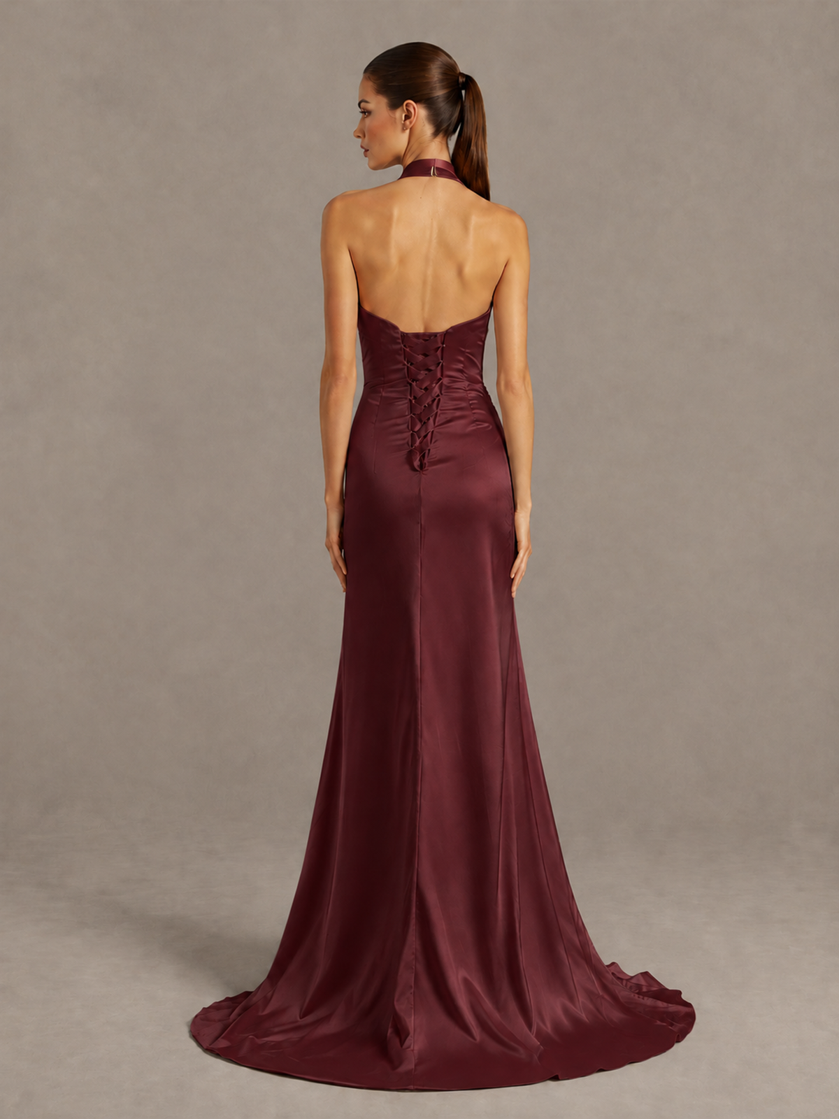 BOLODOO Maroon Halter Satin Evening & Prom Dress with High Slit - Maroon - Maroon_2