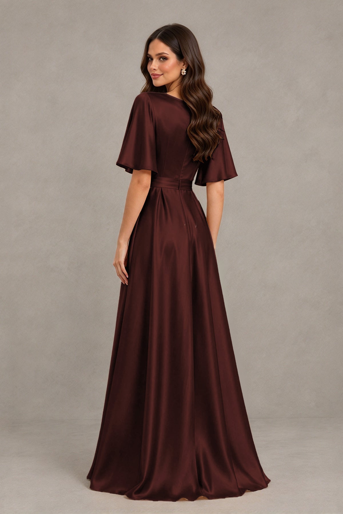 BOLODOO Maroon Satin V-Neck Flutter Sleeve Bridesmaid Dress with Slit - Maroon - Maroon(2)