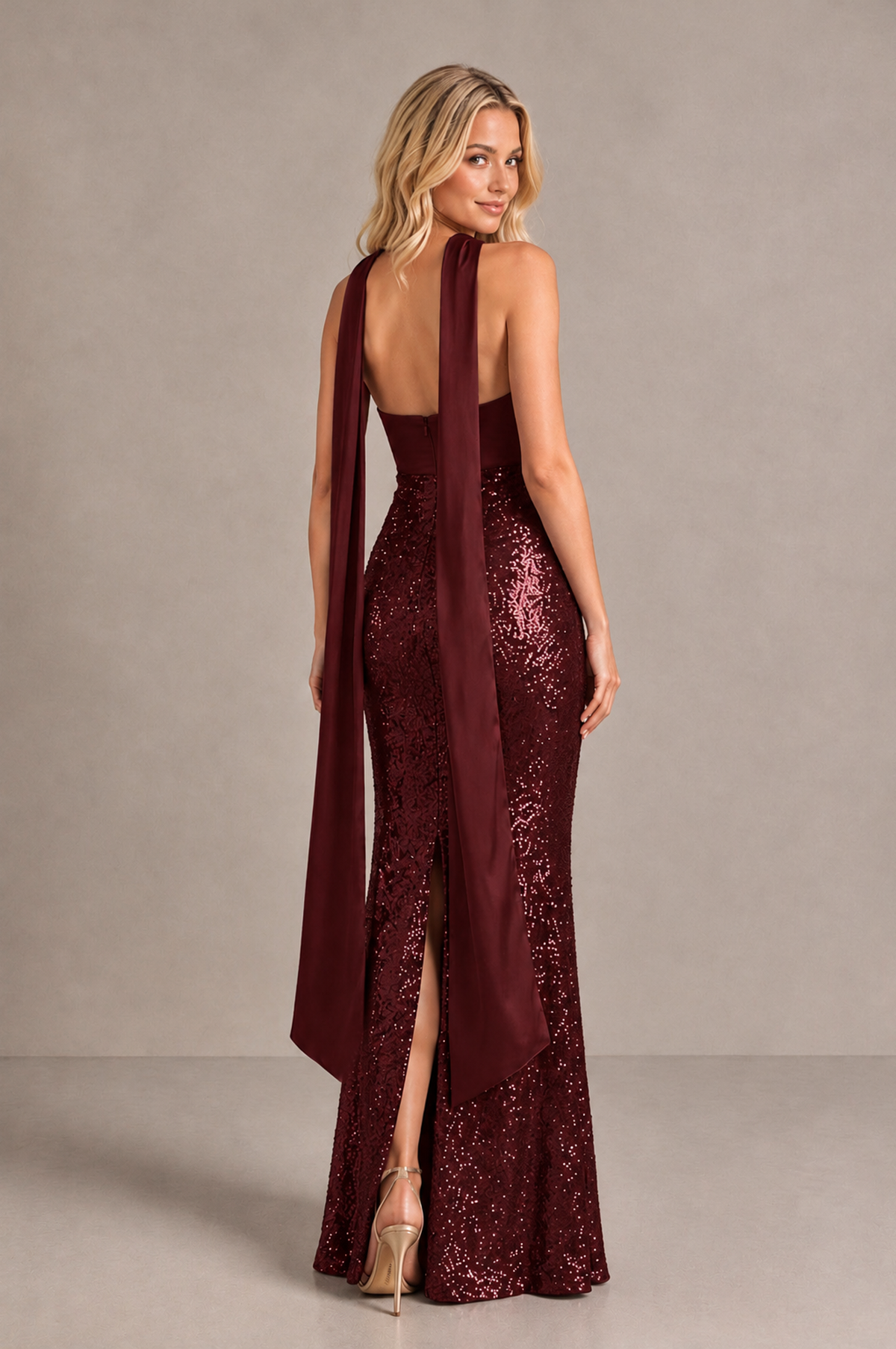 BOLODOO Maroon Strapless Sweetheart Evening Dress with Scarf - Maroon - Maroon_2
