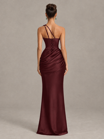 BOLODOO Maroon One-Shoulder Cutout Satin Mermaid Prom Dress - Maroon - Maroon_2