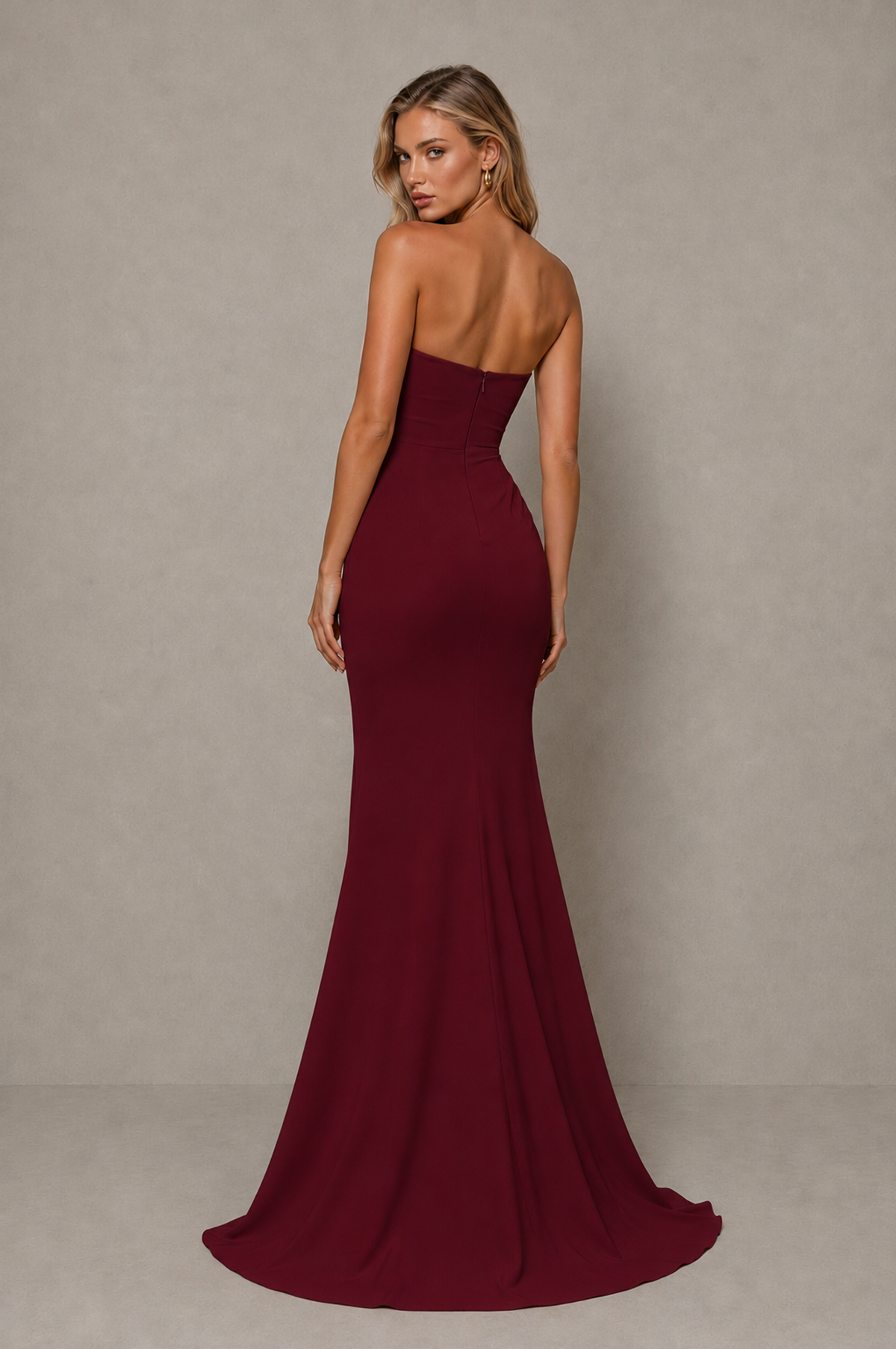 BOLODOO Maroon Strapless Sweetheart Ruched Mermaid Gown | Cascade Drape Formal Evening Dress - Maroon - Maroon_2