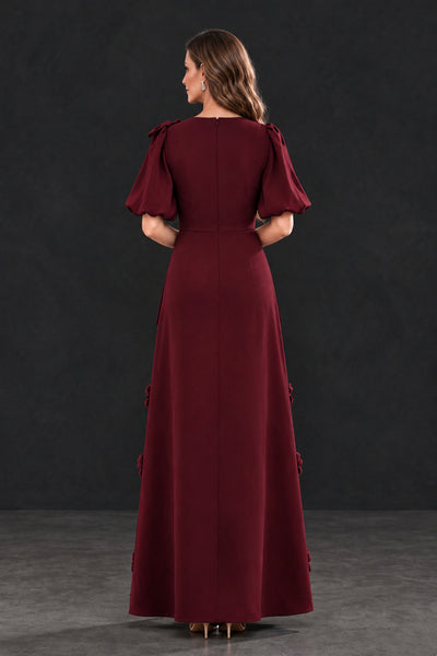 BOLODOO Maroon Floral Applique Puff Sleeve Mother of the Bride Dress - Maroon - Maroon_2