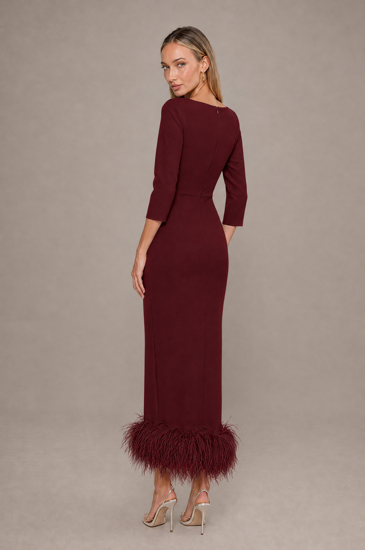 BOLODOO Maroon Feather-Trim Twist-Waist Midi Dress - Maroon - Maroon_2