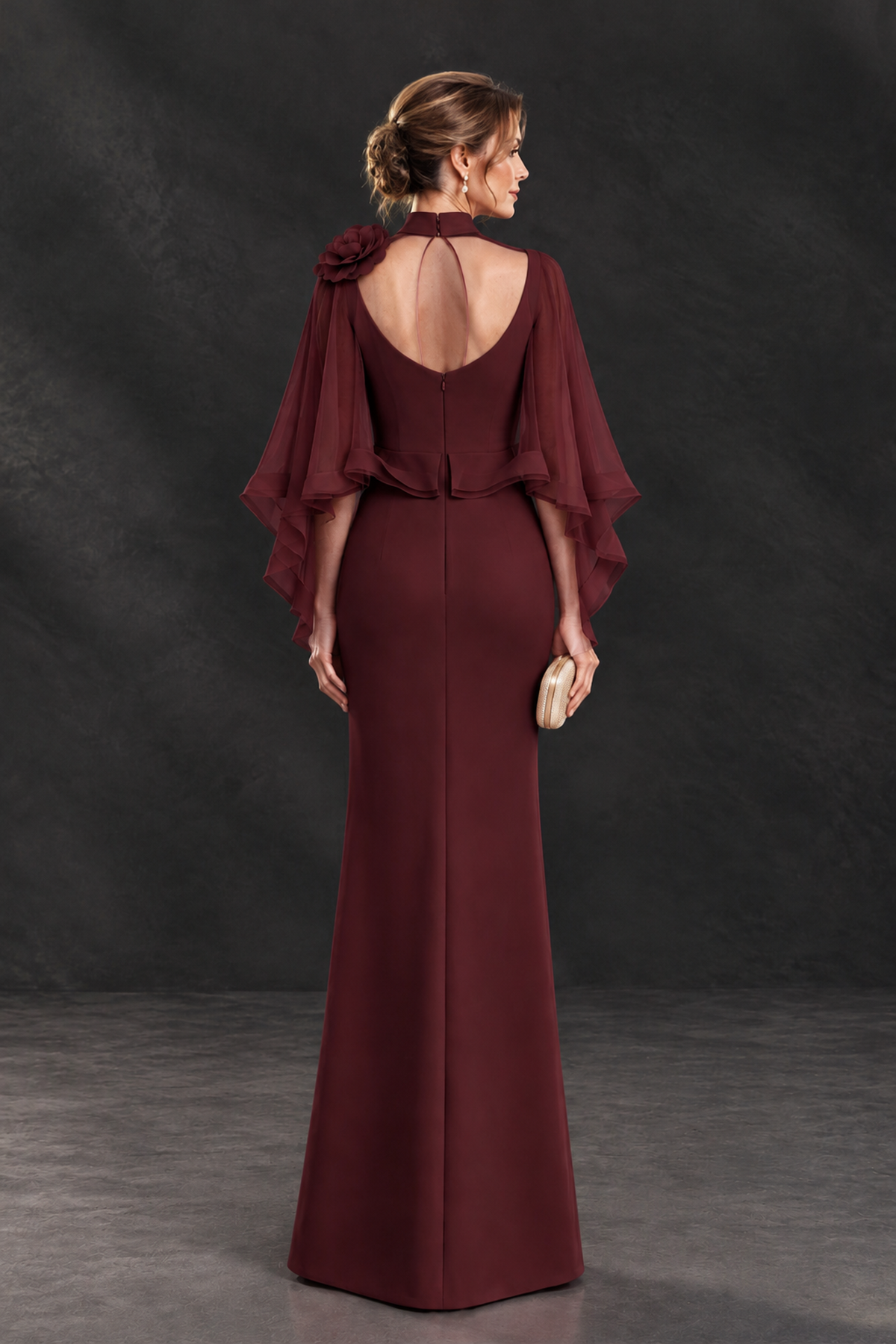 BOLODOO Maroon Floral Cape Sleeve Mother of the Bride Dress - Maroon - Maroon_2