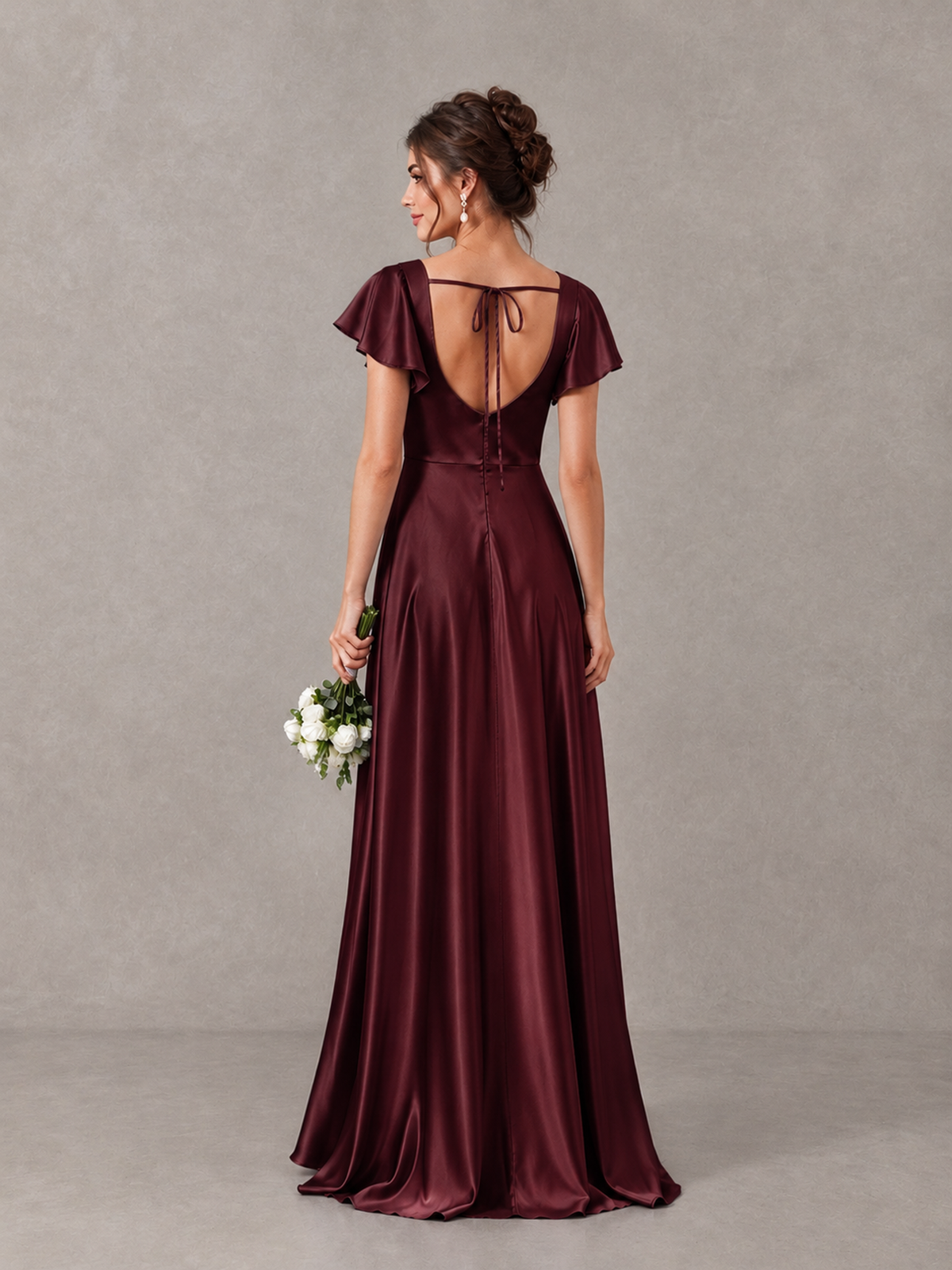 BOLODOO Maroon Satin Square Neck Flutter Sleeve A-Line Bridesmaid Dress with Slit - Maroon - Maroon_2