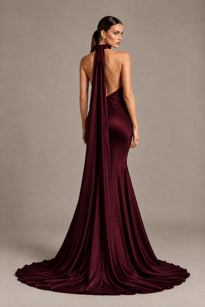 BOLODOO Maroon One-Shoulder Satin Mermaid Evening Dress with Scarf - Maroon - Maroon_2
