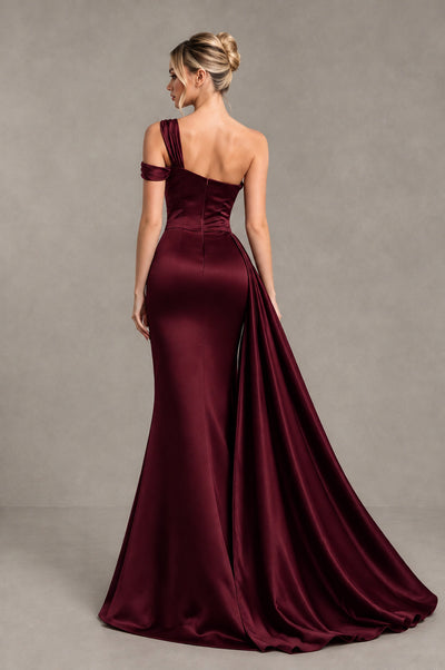BOLODOO Maroon Asymmetric Ruched Formal Evening Dress - Maroon - Maroon_2