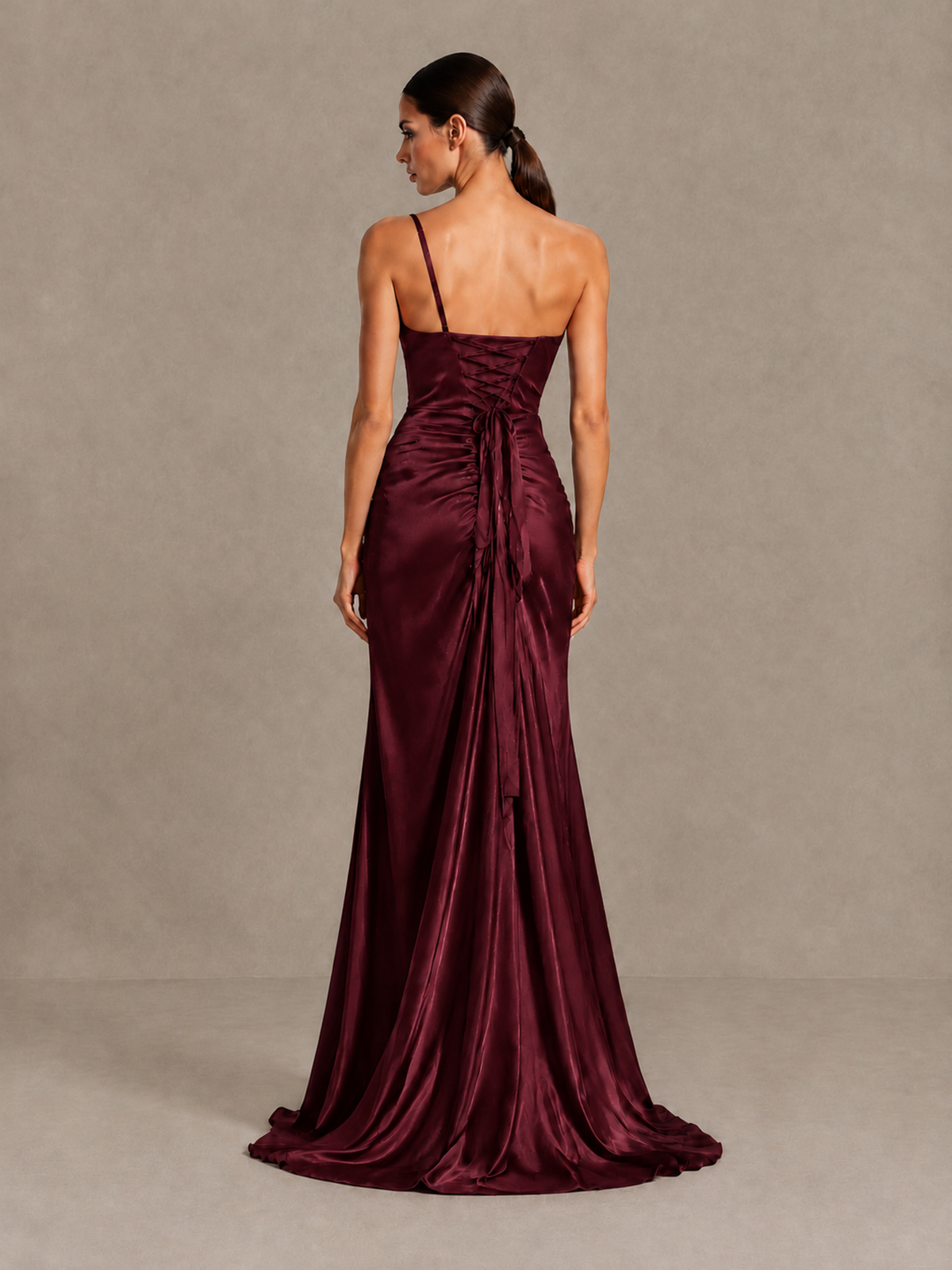 BOLODOO Maroon One Shoulder Satin Evening Gown with High Slit and Sweep Train - Maroon - Maroon_2