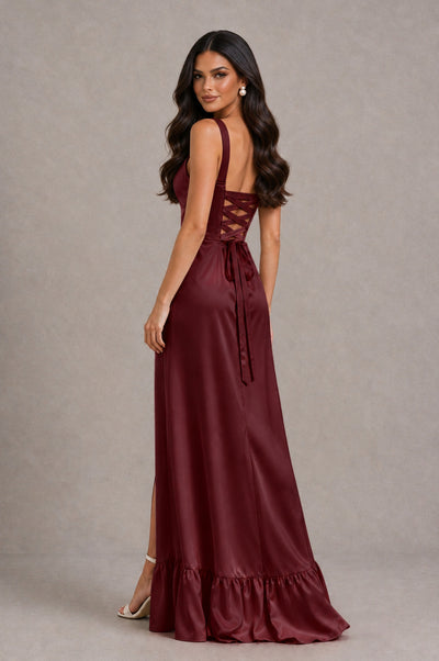 BOLODOO Maroon Square Neck Satin Evening Dress with Lace-Up Back and High Slit - Maroon - Maroon_2