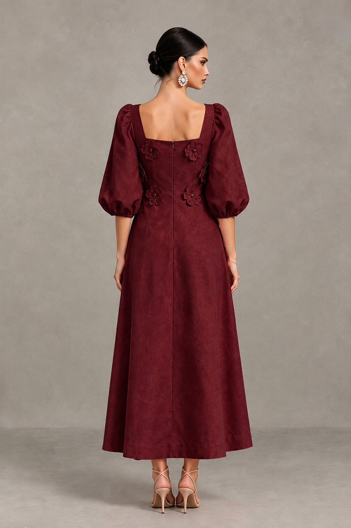 BOLODOO Maroon 3D Floral Puff Sleeve Midi Cocktail Dress - Maroon - Maroon_2
