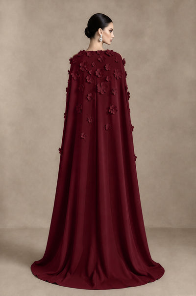 BOLODOO Maroon 3D Floral Applique Cape Formal Dress - Maroon - Maroon_2