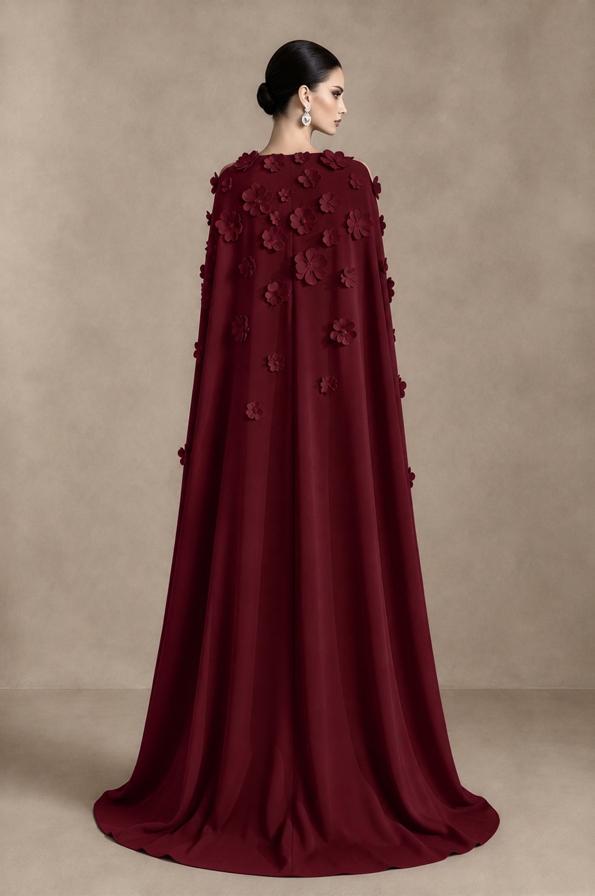 BOLODOO Maroon 3D Floral Applique Cape Formal Dress - Maroon - Maroon_2