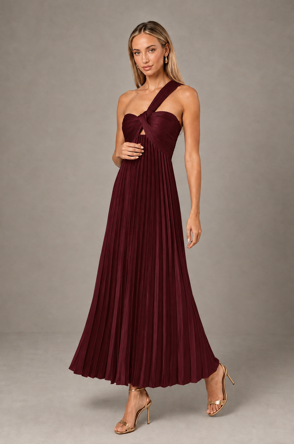 BOLODOO Maroon One-Shoulder Twist Knot Pleated Satin Midi Dress with Cutout - Maroon - Maroon_3