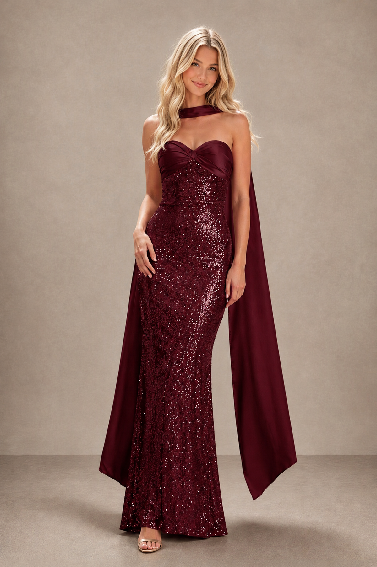 BOLODOO Maroon Strapless Sweetheart Evening Dress with Scarf - Maroon - Maroon_3