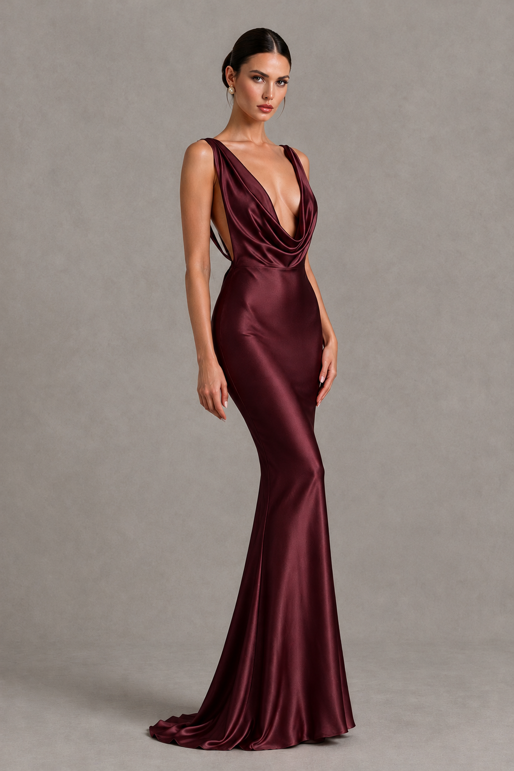 BOLODOO Maroon Cowl Neck Backless Satin Mermaid Evening Dress - Maroon - Maroon_3