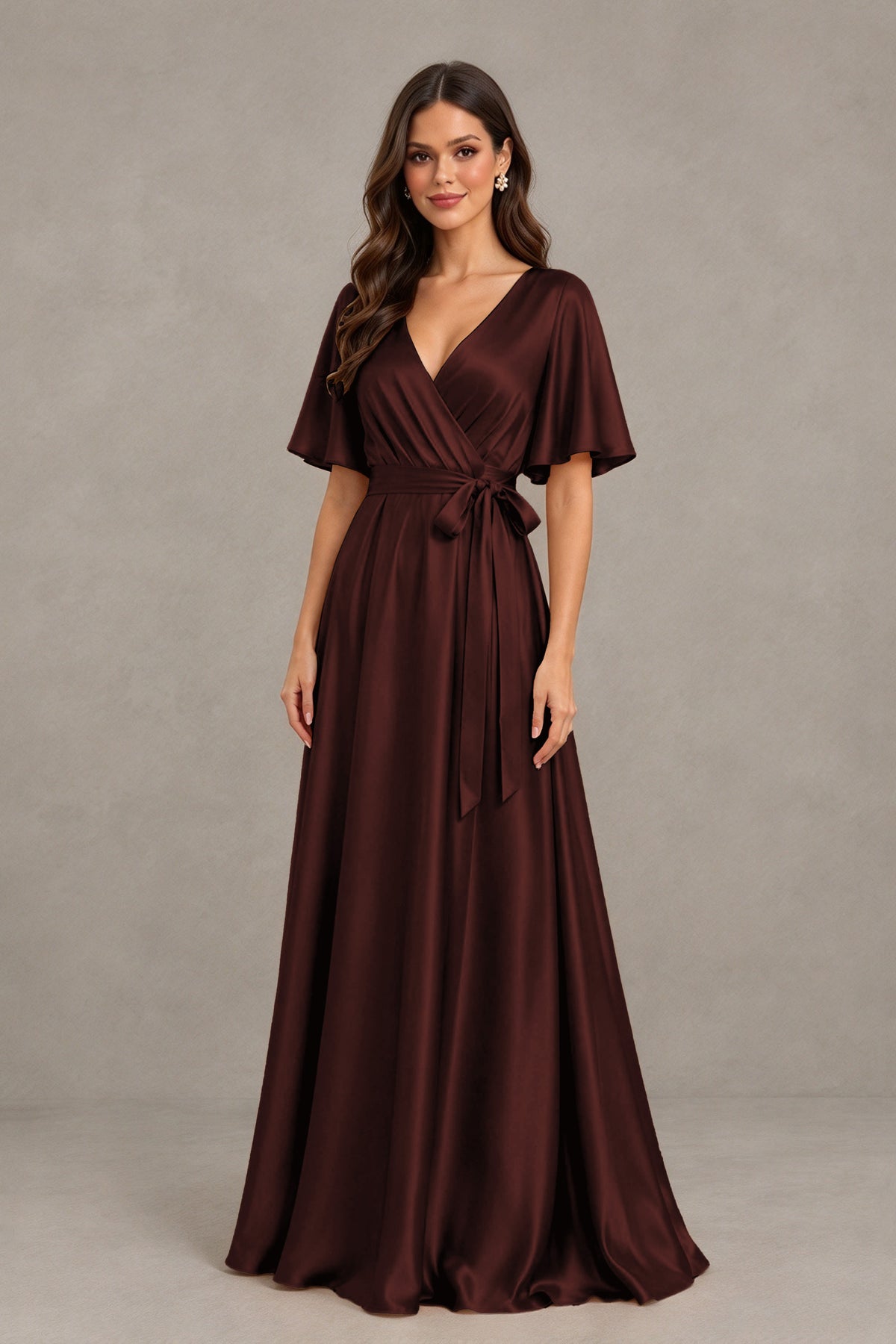 BOLODOO Maroon Satin V-Neck Flutter Sleeve Bridesmaid Dress with Slit - Maroon - Maroon(3)