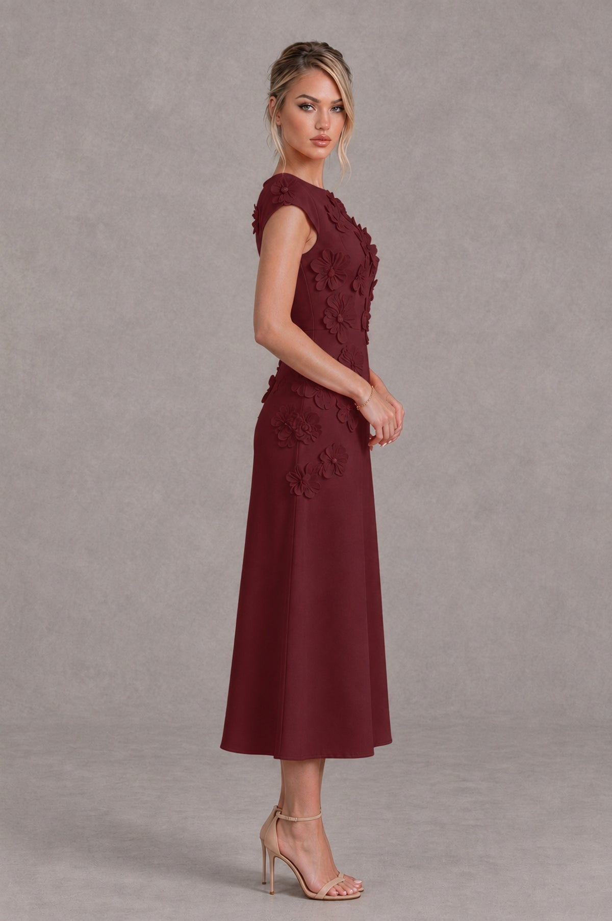 BOLODOO Maroon 3D Floral Cap Sleeve Midi Cocktail Dress - Maroon - Maroon_3