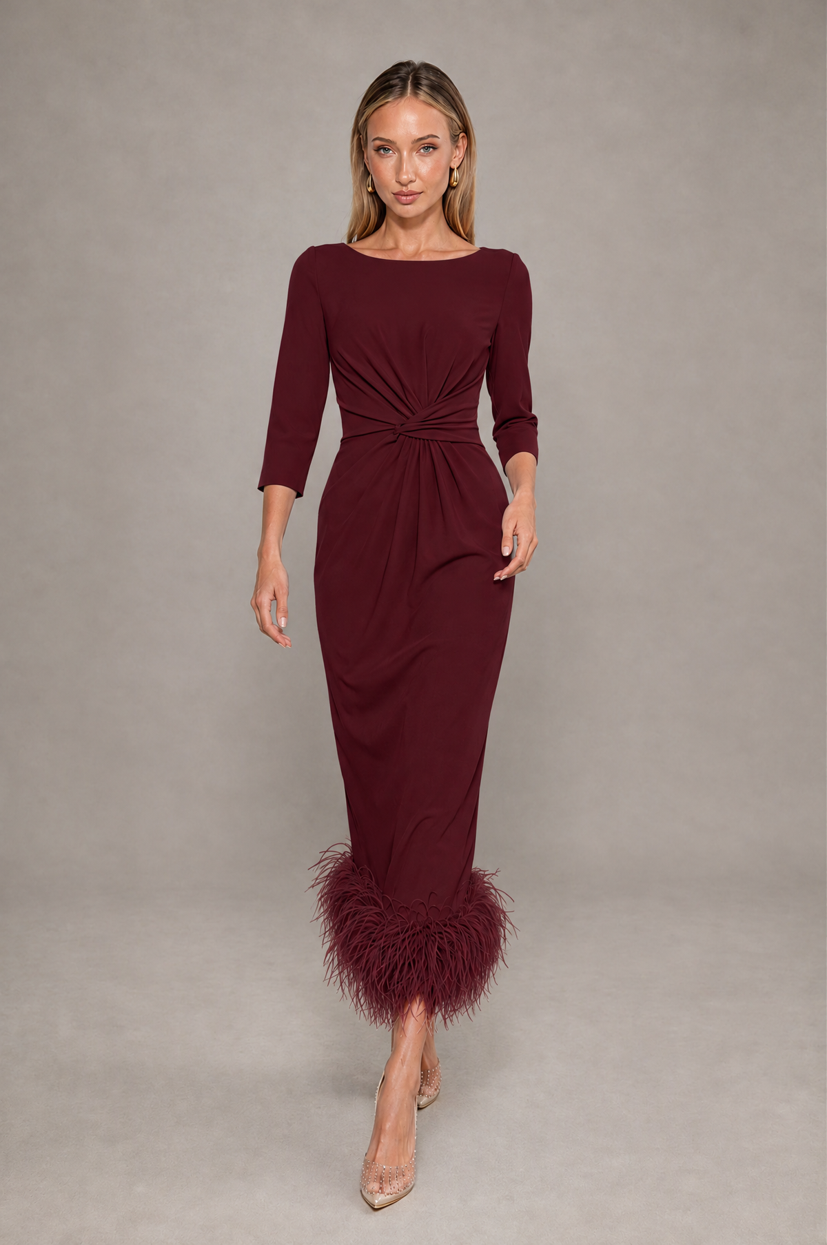 BOLODOO Maroon Feather-Trim Twist-Waist Midi Dress - Maroon - Maroon_3