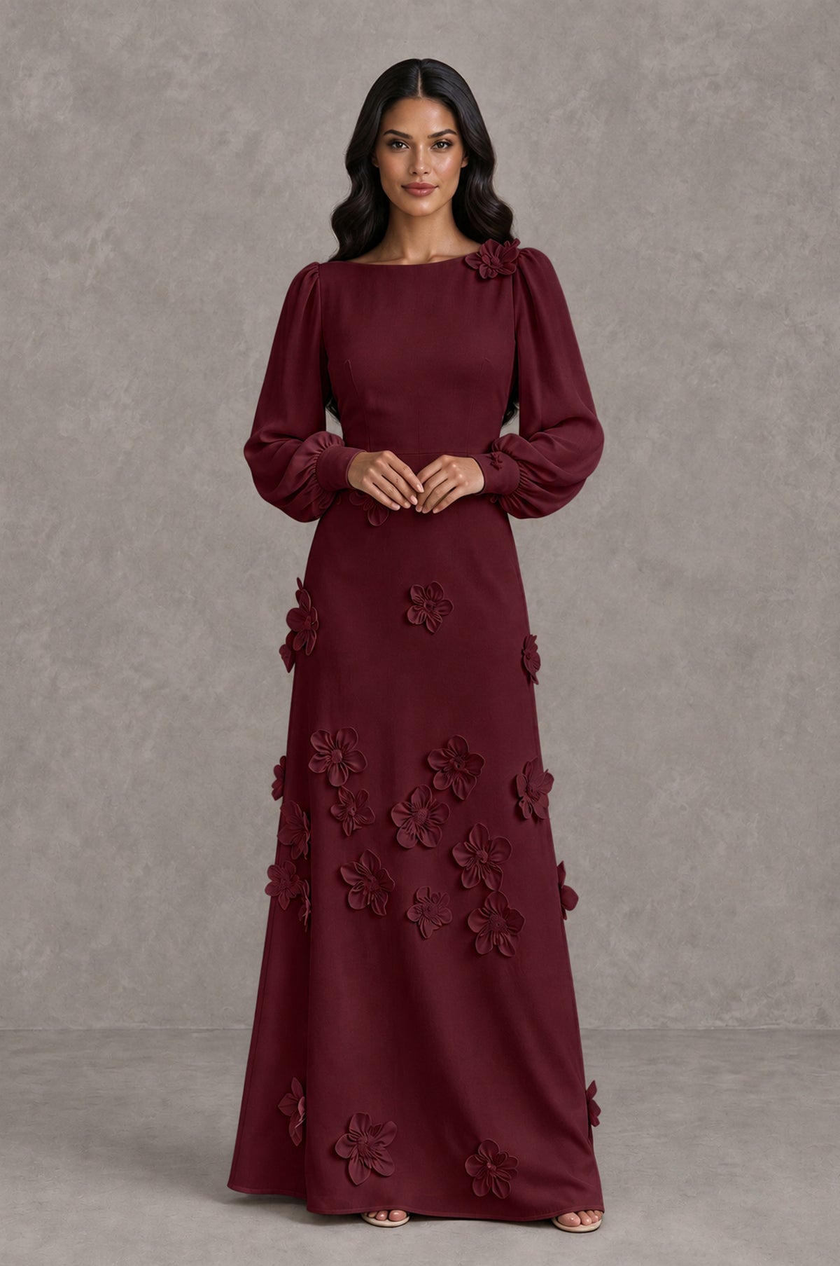 BOLODOO Maroon Long Sleeve Floral Applique A-Line Evening Dress - Maroon - Maroon_3