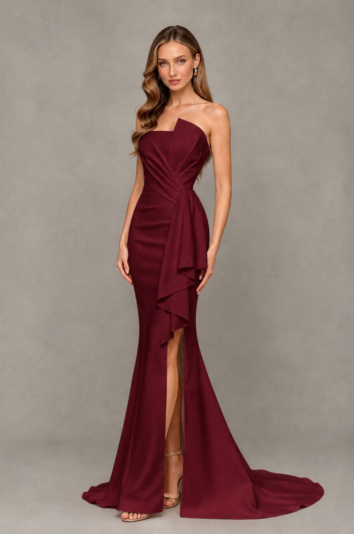 BOLODOO Maroon Strapless Mermaid Evening Dress with Ruffle Slit and Train - Maroon - Maroon_3