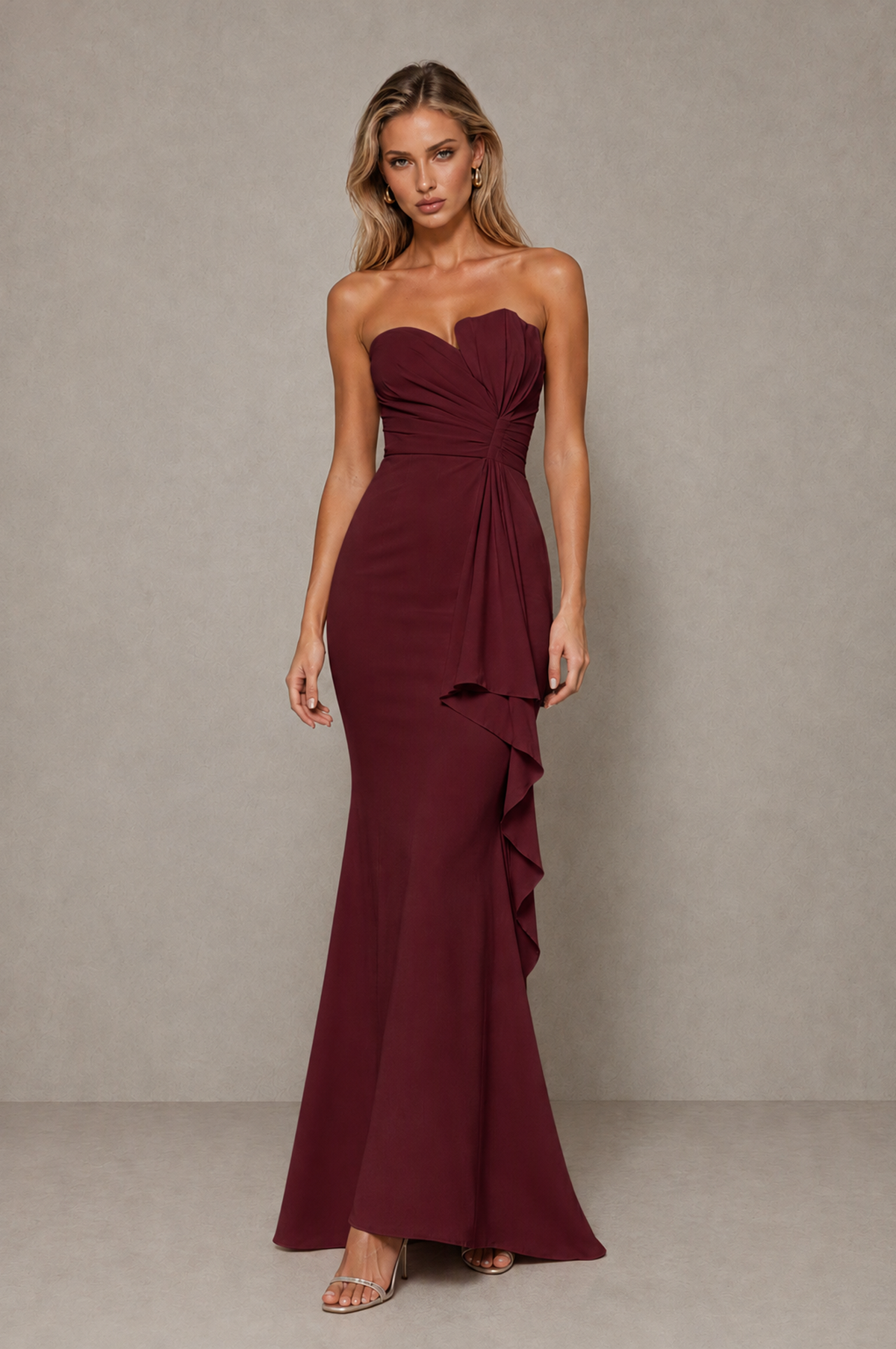 BOLODOO Maroon Strapless Sweetheart Ruched Mermaid Gown | Cascade Drape Formal Evening Dress - Maroon - Maroon_3
