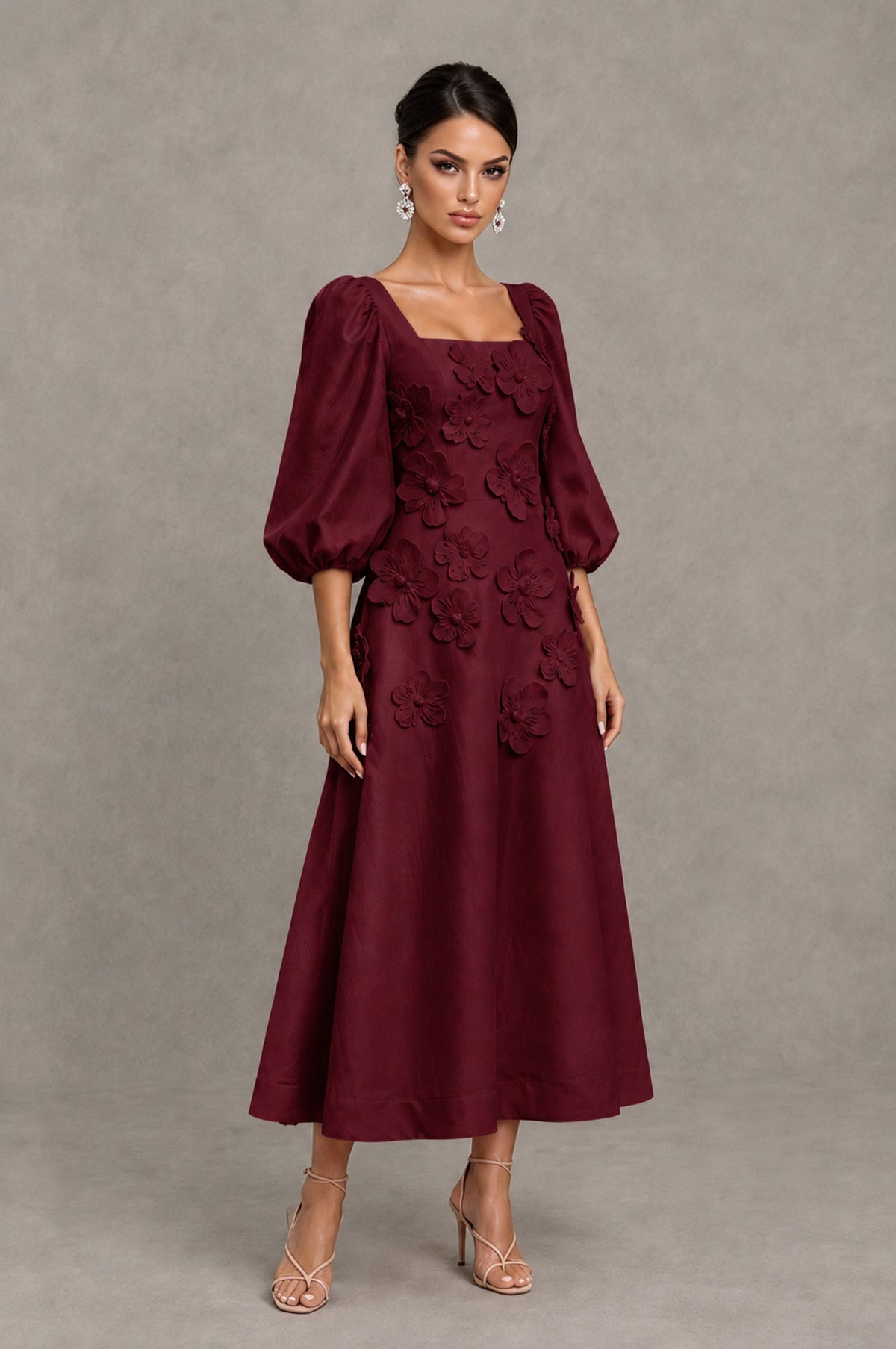 BOLODOO Maroon 3D Floral Puff Sleeve Midi Cocktail Dress - Maroon - Maroon_3