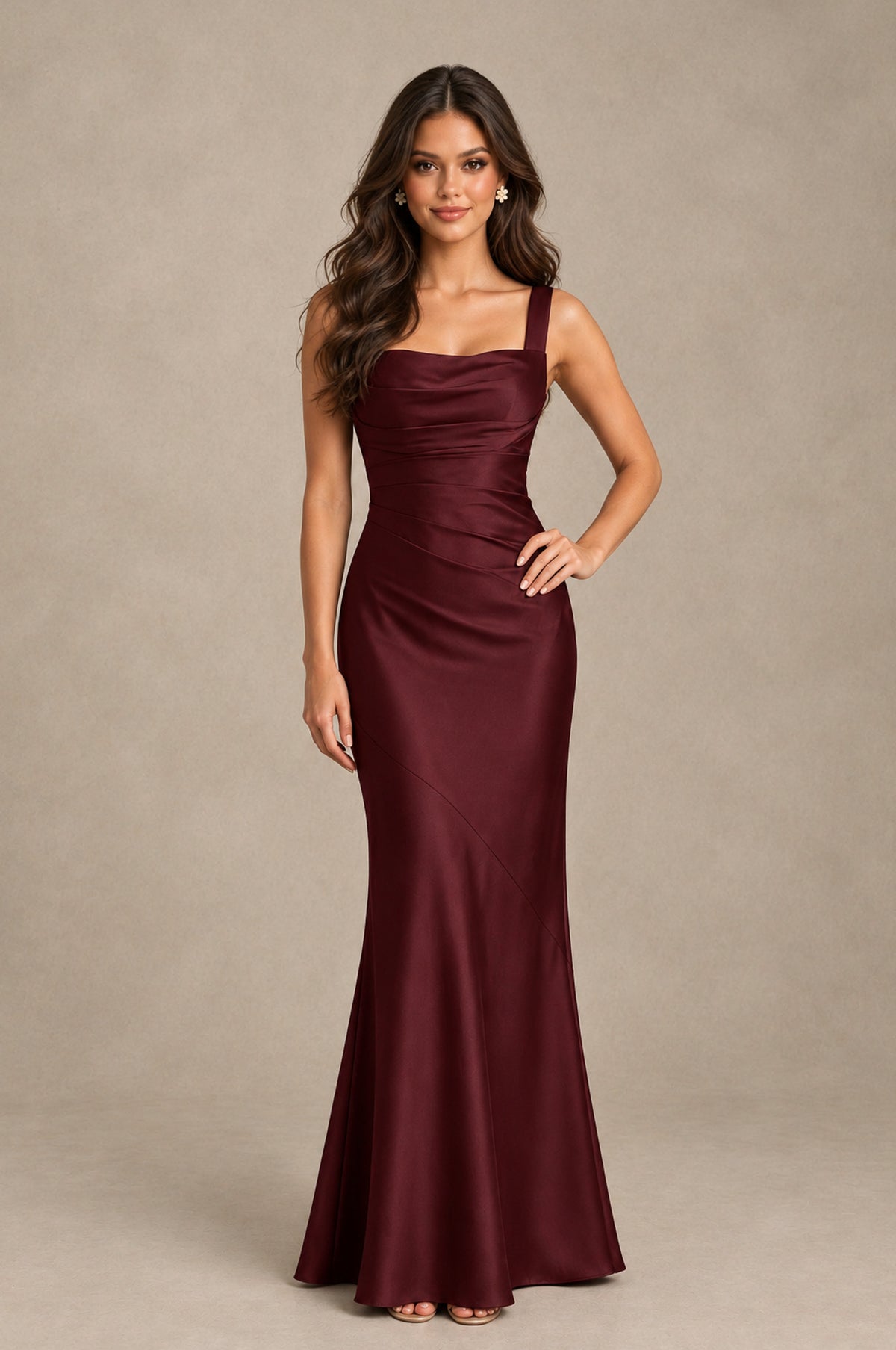 BOLODOO Maroon Square Neck Ruched Satin Lace-Up Bridesmaid Dress - Maroon - Maroon_3