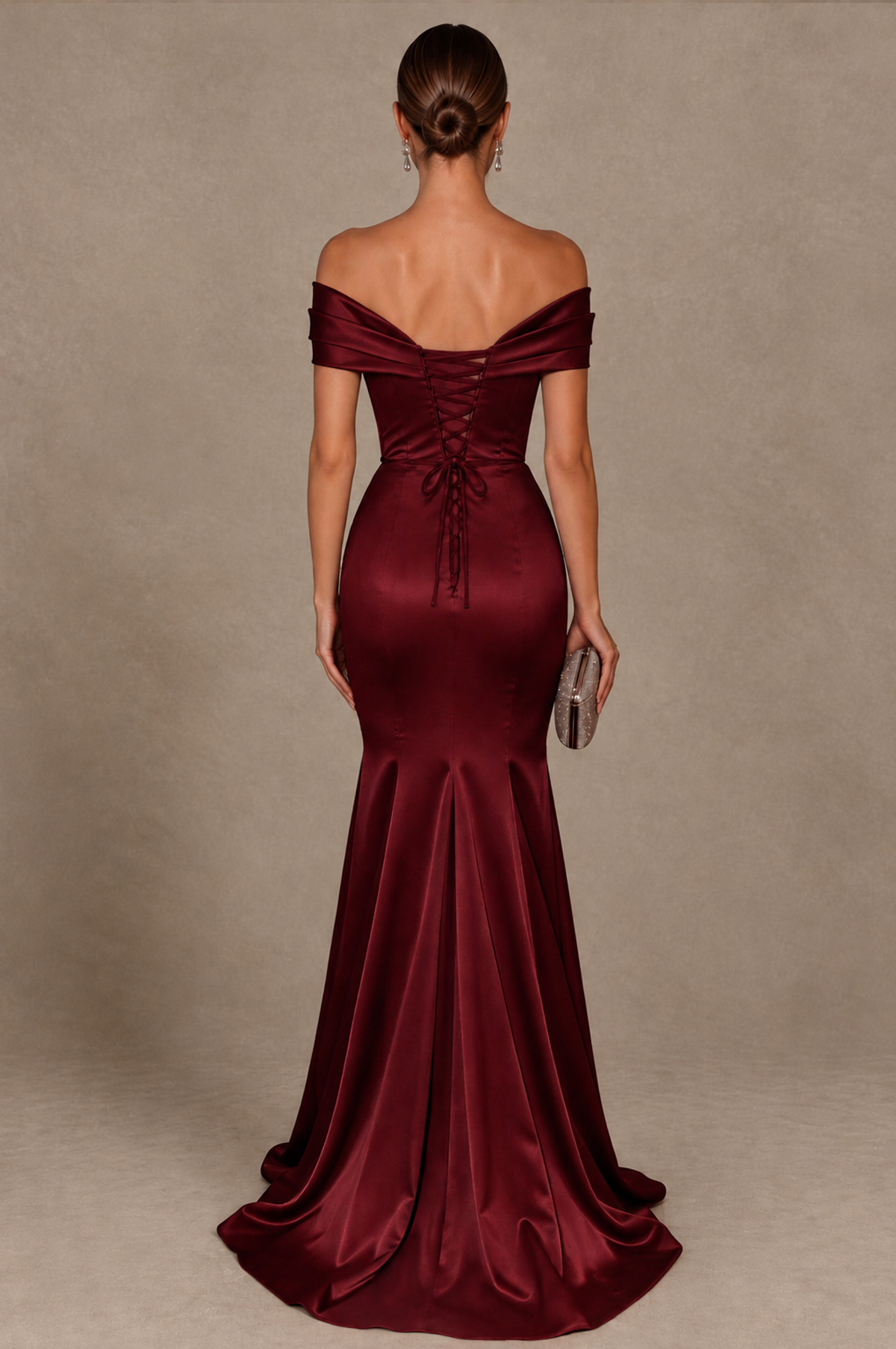 BOLODOO Maroon Off-the-Shoulder Ruched Satin Mermaid Evening Dress - Maroon - Maroon_3