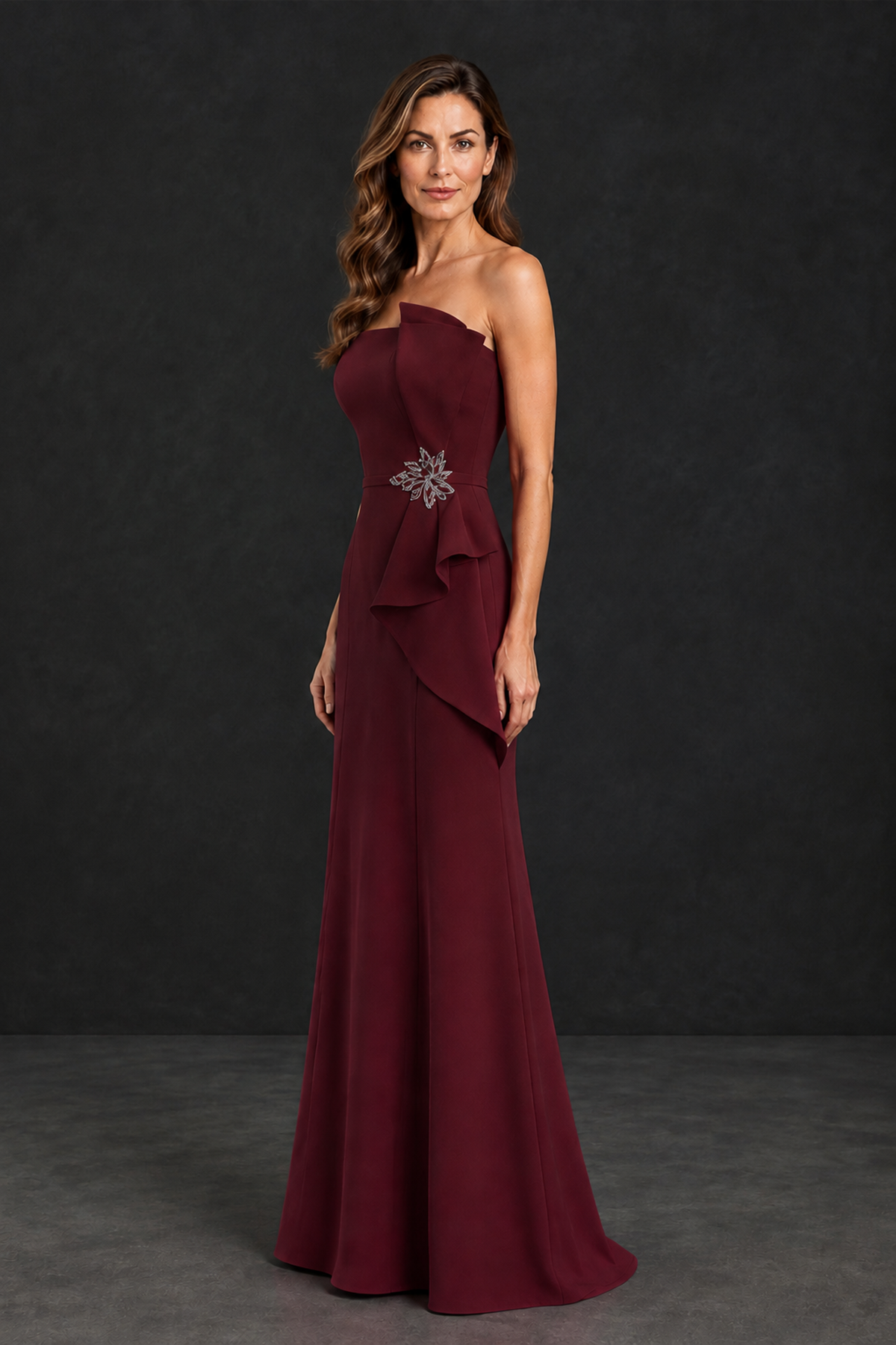 BOLODOO Maroon Strapless Mother of the Bride Dress with Ruffle Detail - Maroon - Maroon_3