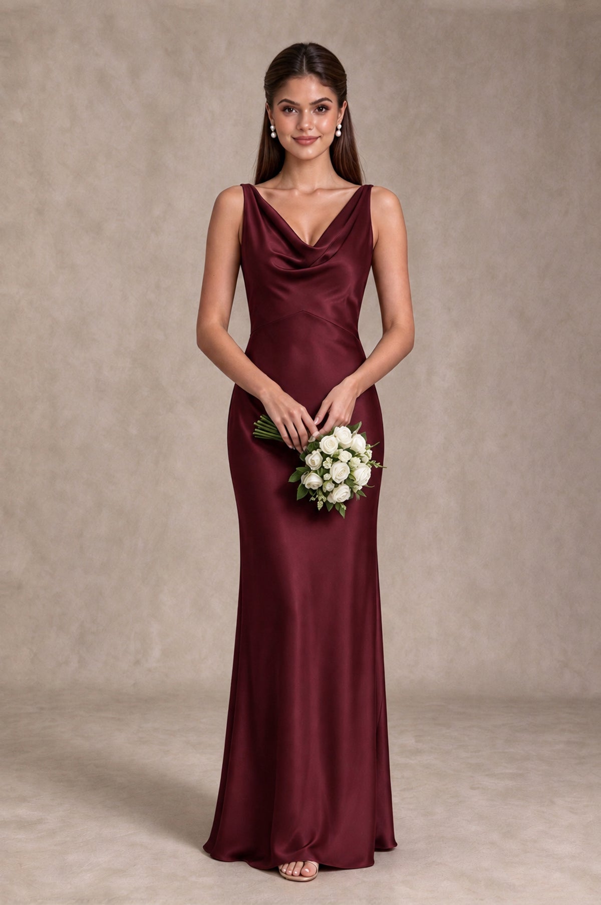 BOLODOO Maroon Cowl Neck Open Back Satin Bridesmaid Dress - Maroon - Maroon_3